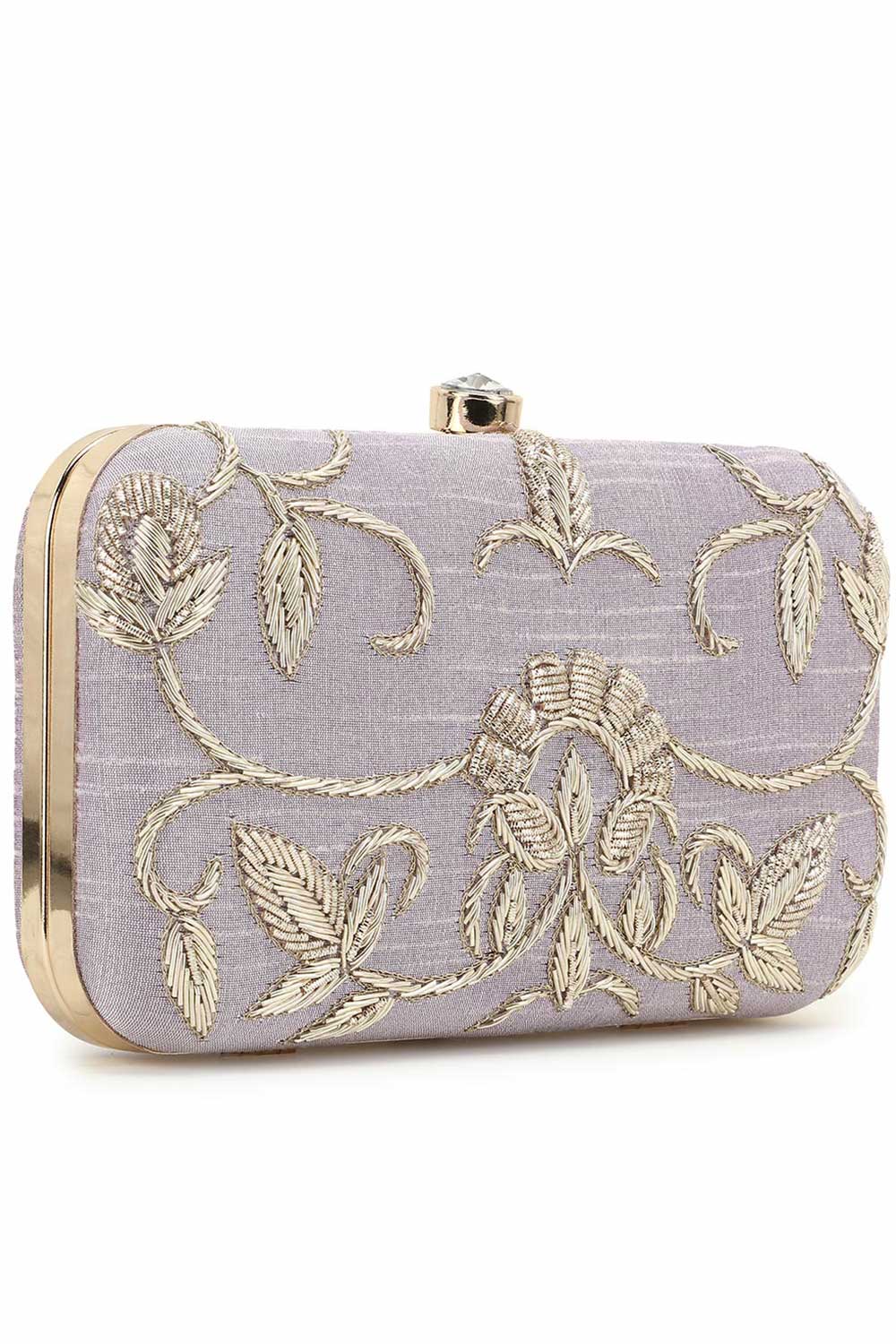 Adorn Pastel Purple & Gold Embellished Faux Silk Clutch