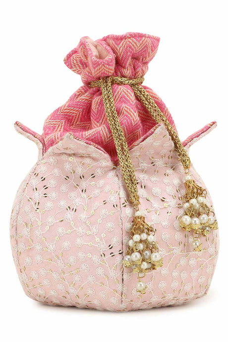 Lotus Baby Pink & Gold Embroidered Faux Silk Potli