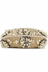 Gold And Multi Faux Silk Chevron And Floral  Embellished Clutch