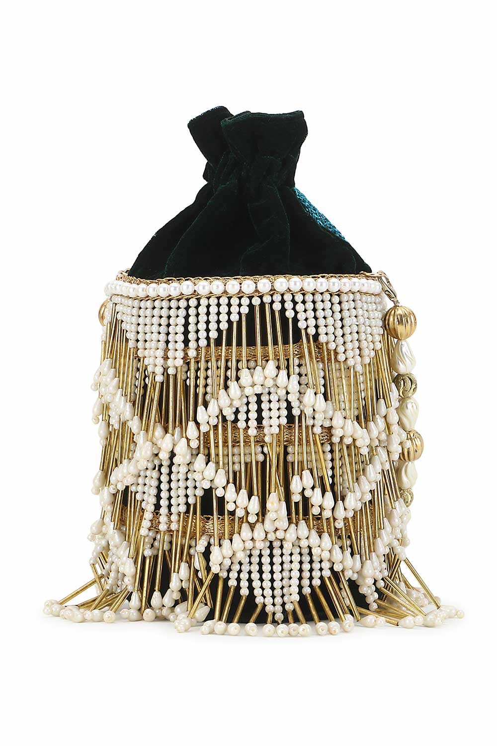 Dark Green And White Velvet Chevron Embellished Potli