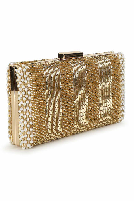 Gold And White Faux Silk Striped Embellished Clutch