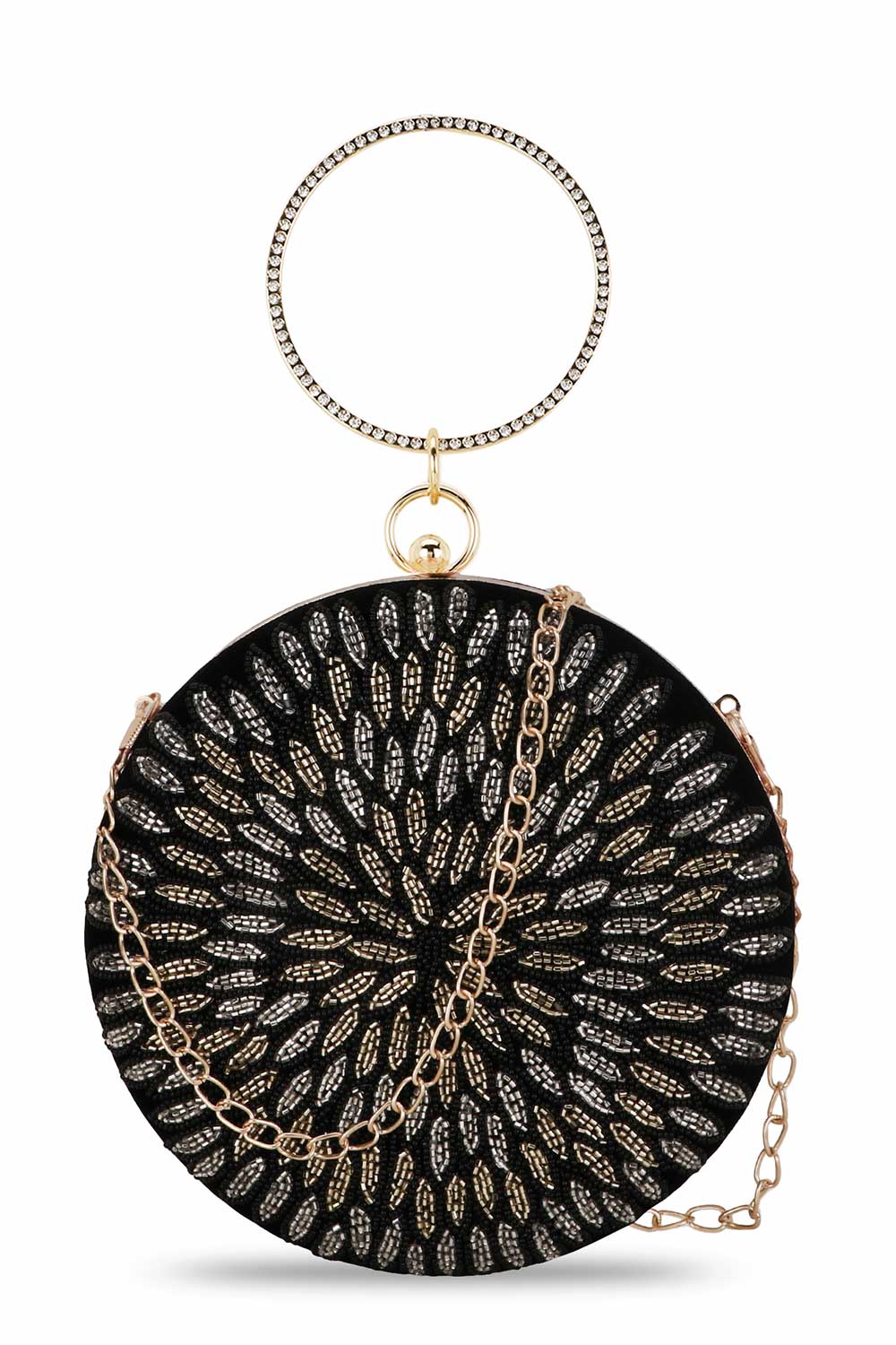 Black And Gold Velvet Floral Embroidered Clutch