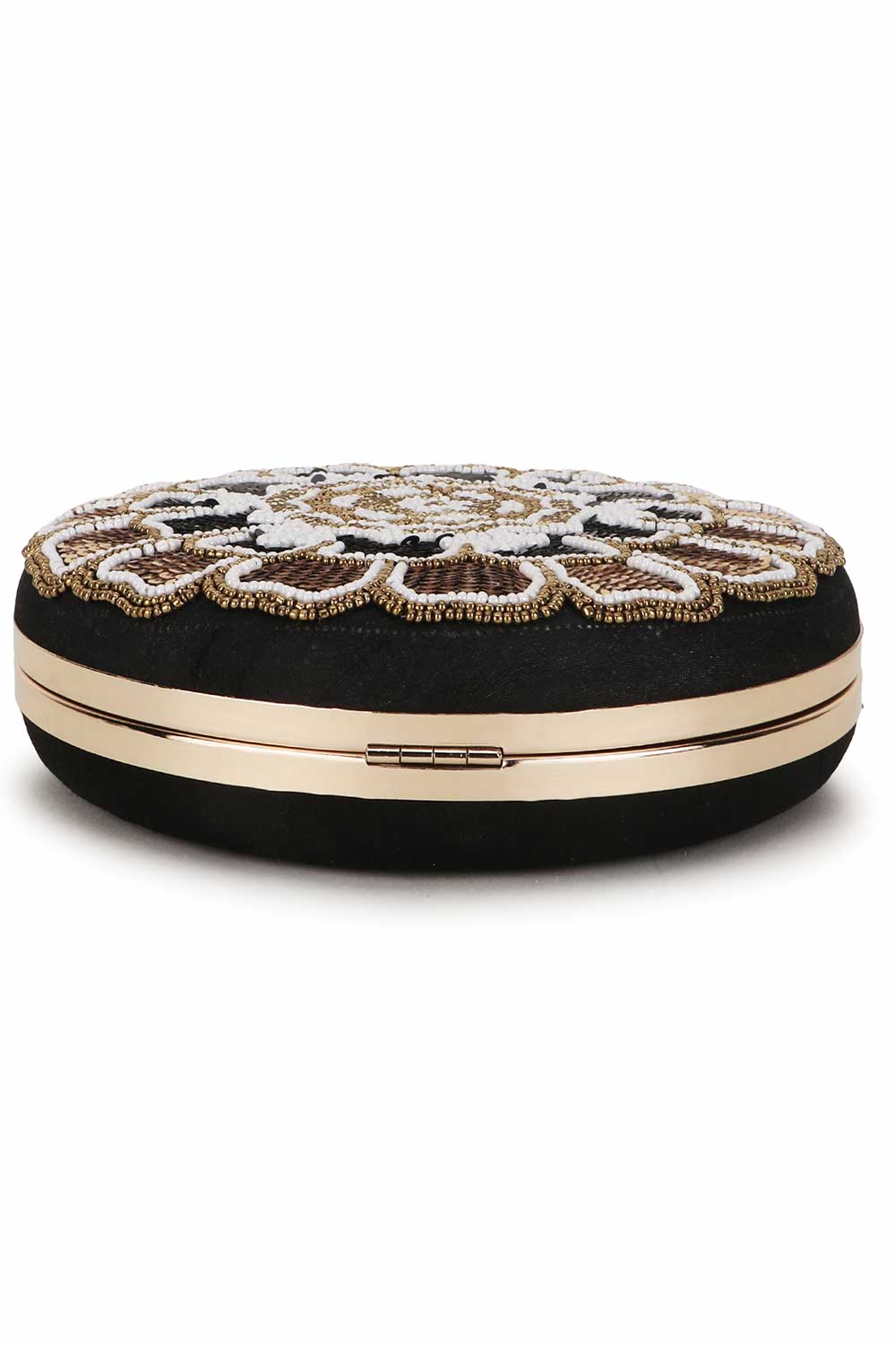 Black And Gold Faux Silk Floral Embroidered Clutch