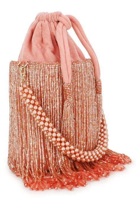 Coral Velvet Striped Embellished Potli