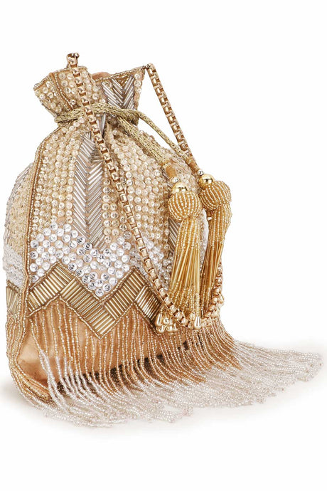 Beige And Gold Faux Silk Chevron Embellished Potli