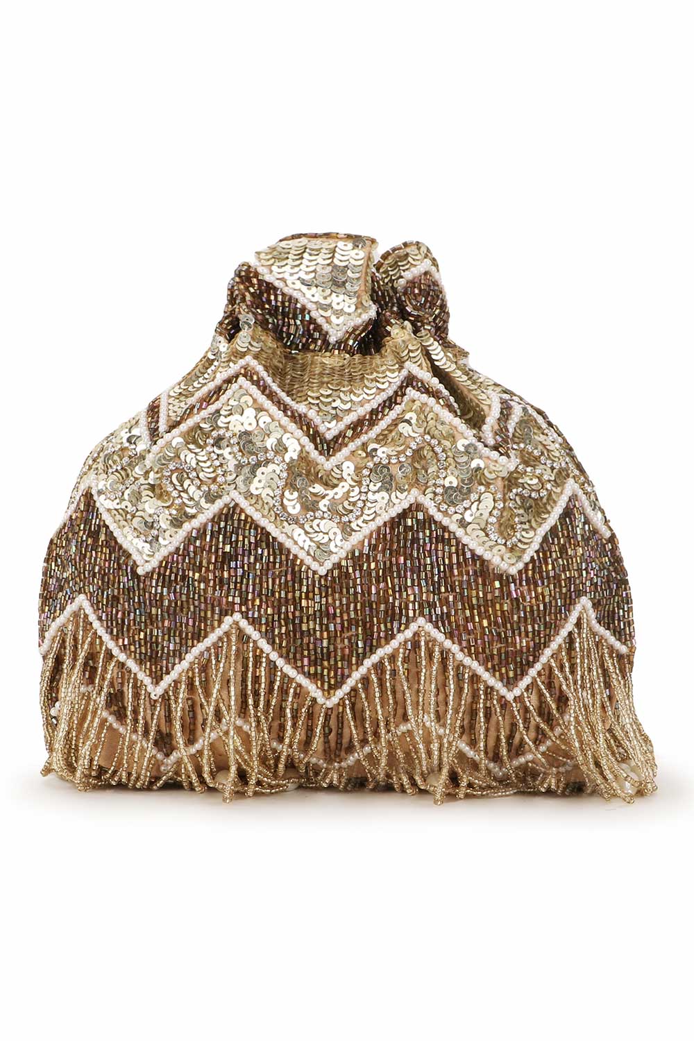 Gold And Copper Faux Silk Chevron Embellished Potli