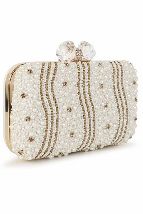 White And Gold Faux Silk Beaded Clutch