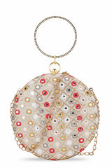 Cream And Multi Faux Silk Mirror Embellished Clutch