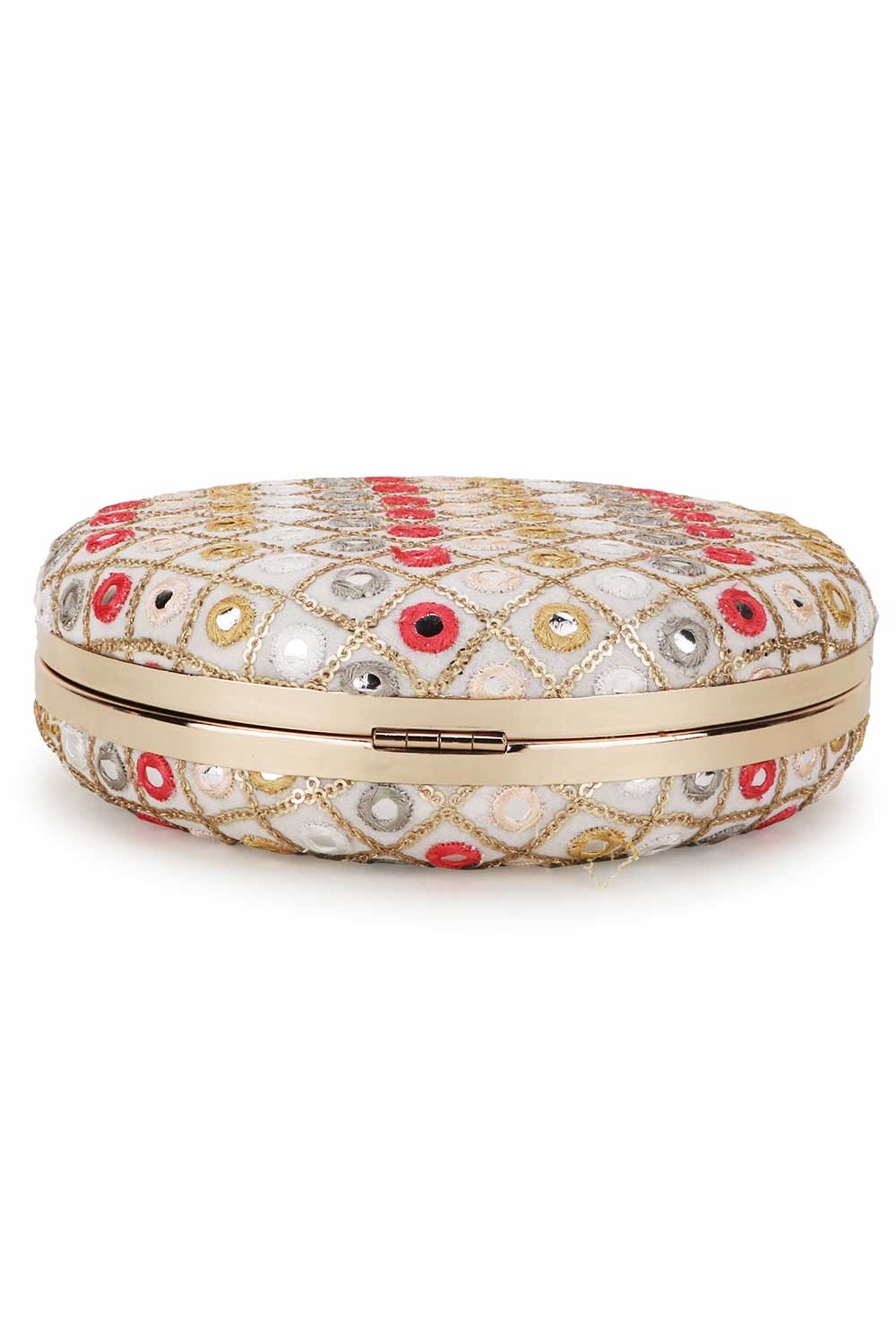 Cream And Multi Faux Silk Mirror Embellished Clutch