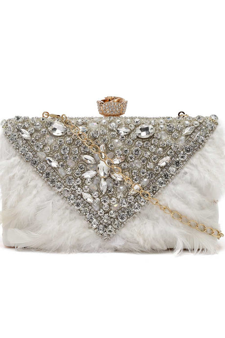 Buy White and Gold Stone Work Embellished Velvet Box Clutch Online - Side