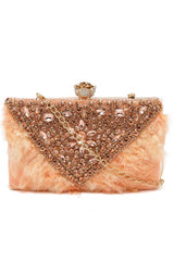 Buy Coral and Gold Stone Work Embellished Velvet Box Clutch Online - Side