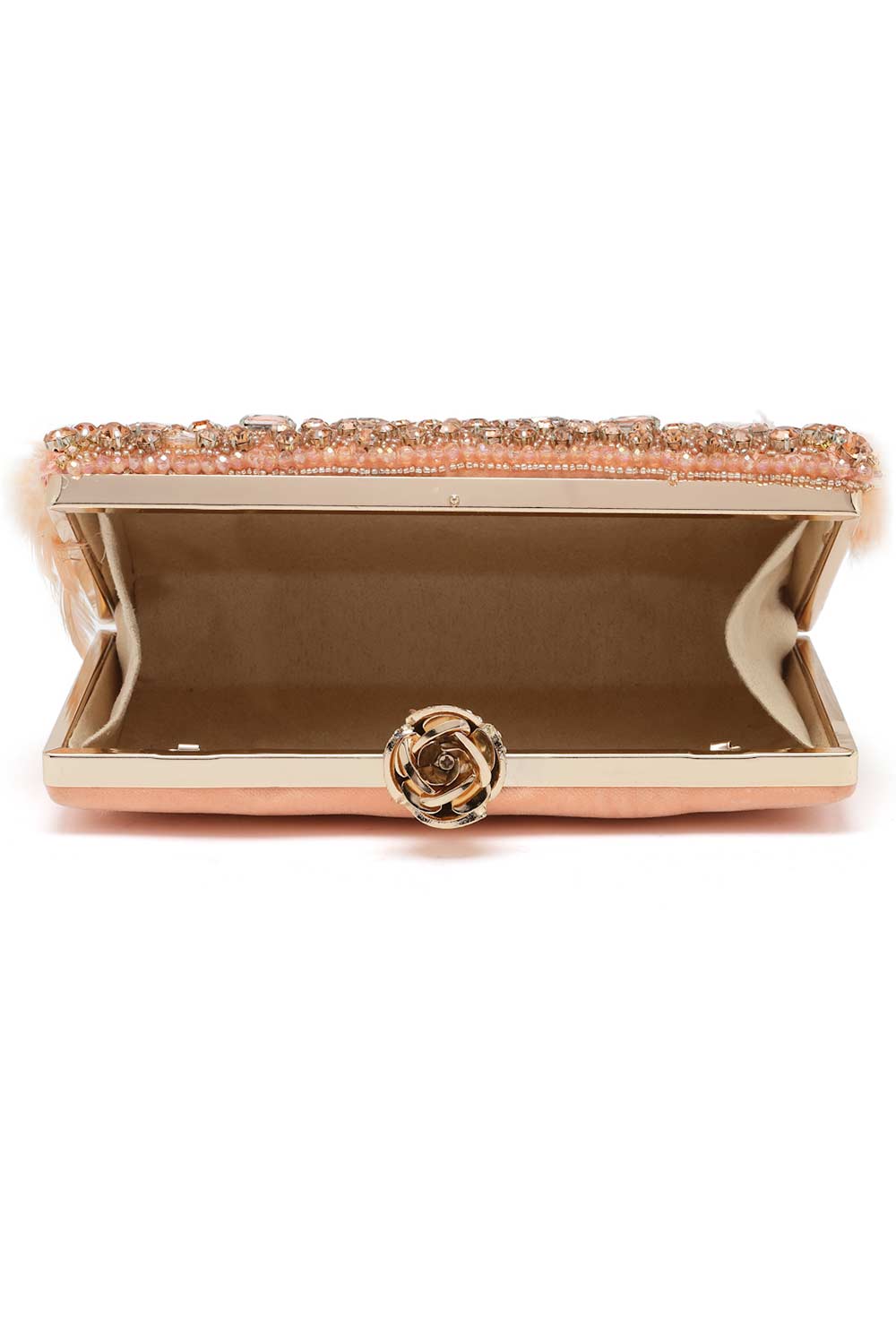 Buy Coral and Gold Stone Work Embellished Velvet Box Clutch Online - Zoom In