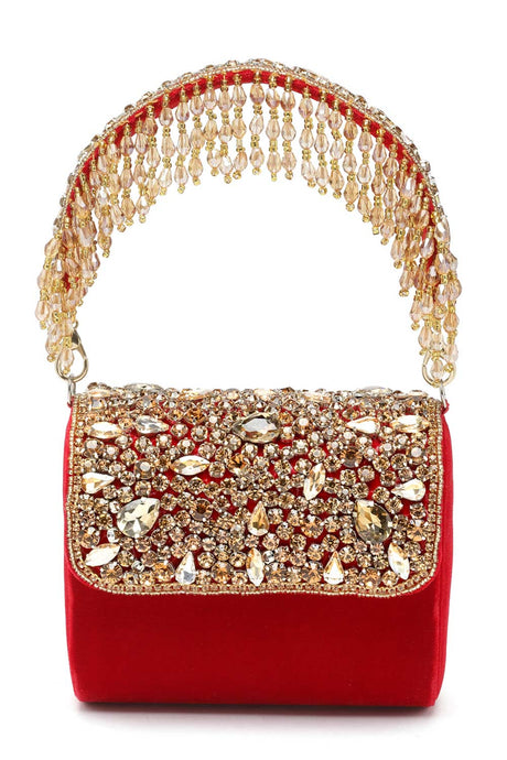 Buy Red and Gold Stone Work Embellished Velvet Purse Clutch Online - Side