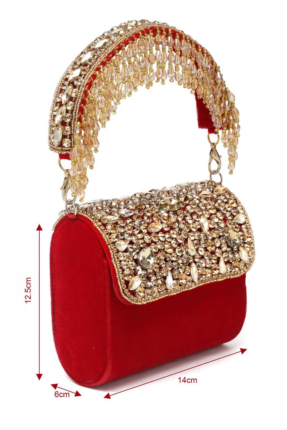 Buy Red and Gold Stone Work Embellished Velvet Purse Clutch Online - Back