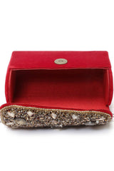 Buy Red and Gold Stone Work Embellished Velvet Purse Clutch Online - Zoom In