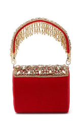 Buy Red and Gold Stone Work Embellished Velvet Purse Clutch Online - Zoom Out