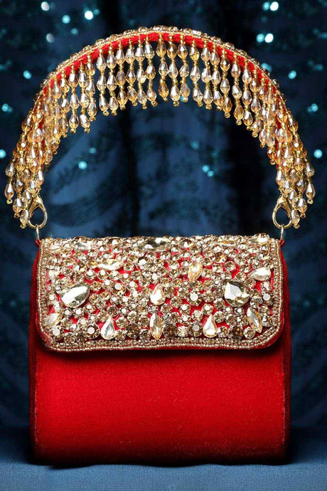 Buy Red and Gold Stone Work Embellished Velvet Purse Clutch Online
