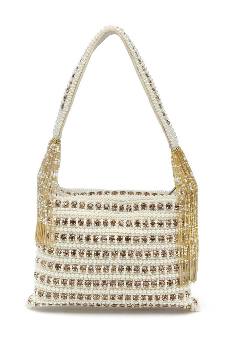 Buy Off White and Gold Stone Work Embellished Faux Silk Purse Clutch Online - Side