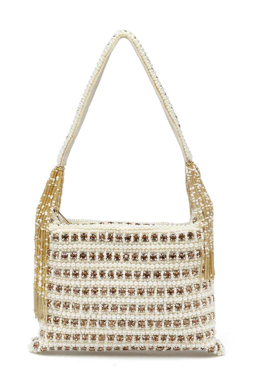 Buy Off White and Gold Stone Work Embellished Faux Silk Purse Clutch Online - Zoom Out