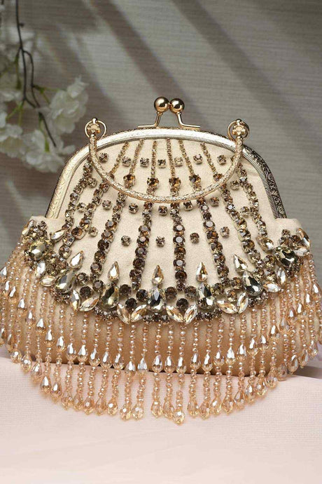 Buy Nude and Gold Stone Work Embellished Velvet Purse Clutch Online - Front