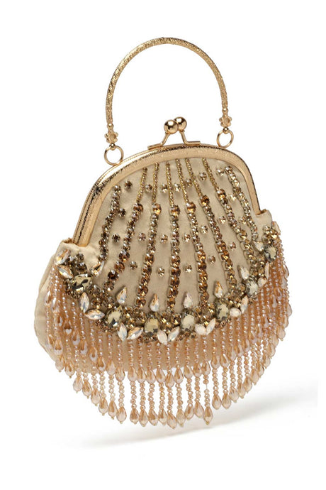 Buy Nude and Gold Stone Work Embellished Velvet Purse Clutch Online - Back