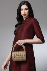 Buy Nude and Gold Stone Work Embellished Suede Foldover Clutch Online - Front