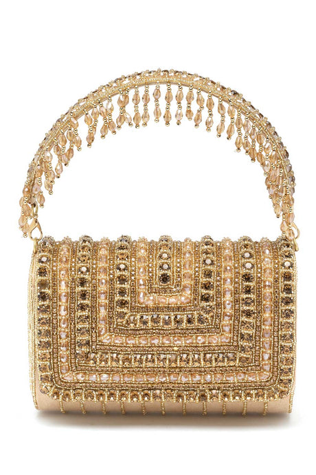 Buy Nude and Gold Stone Work Embellished Suede Foldover Clutch Online - Side