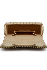 Buy Nude and Gold Stone Work Embellished Suede Foldover Clutch Online - Zoom In