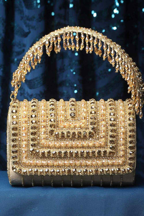 Buy Nude and Gold Stone Work Embellished Suede Foldover Clutch Online