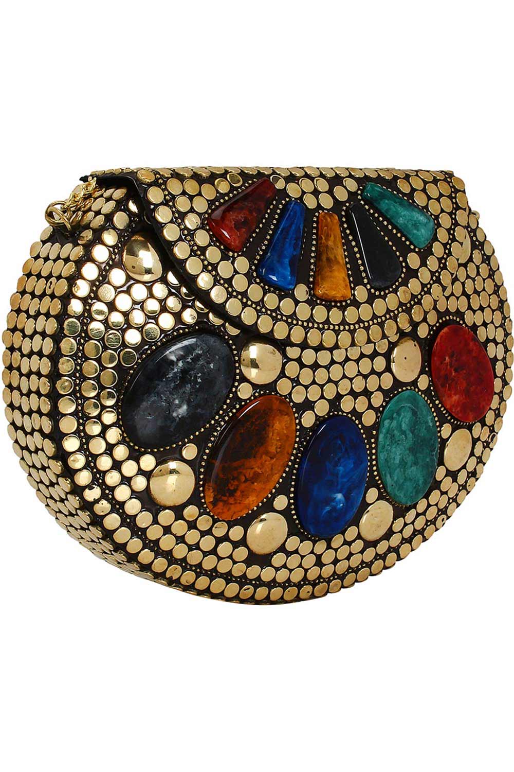 Jewel Mosaic Design Metal Work Party Clutch Bag Gold and Multi