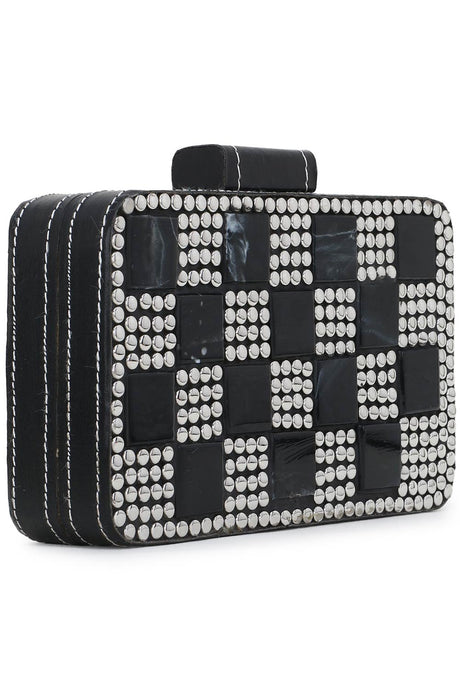 Marble Black & Silver Metal & Fabric Checked Box Clutch