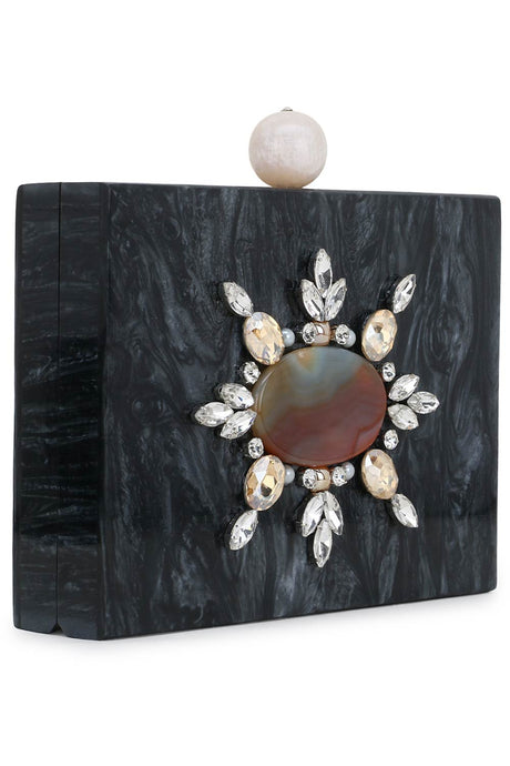 Marble Black & Multi Wooden & Resin Marble Box Clutch