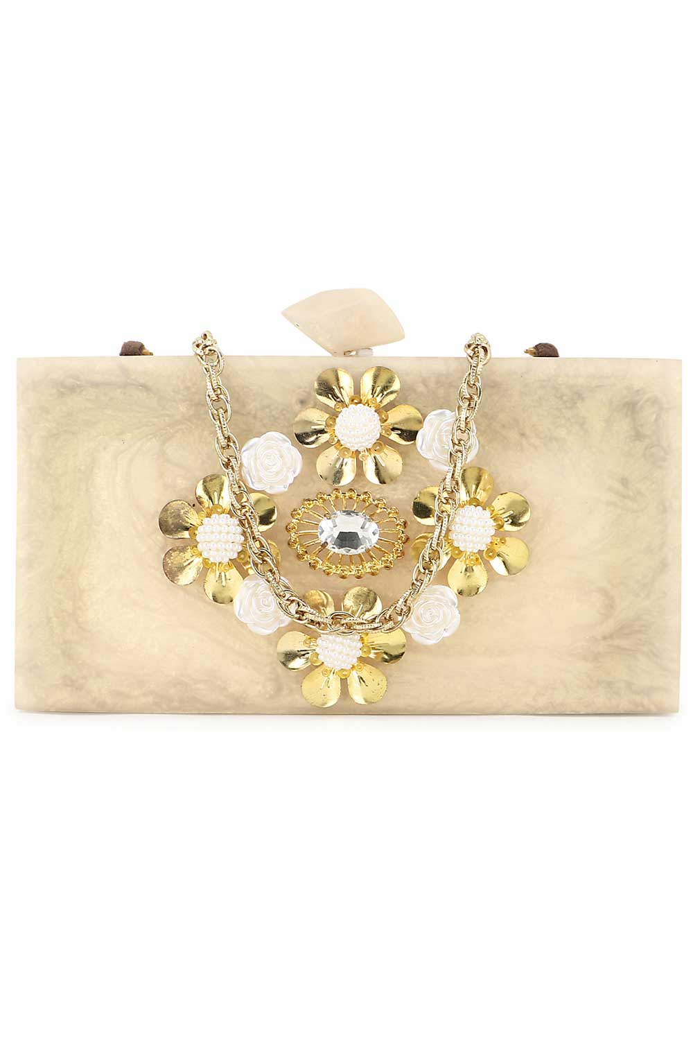 Champagne And Gold Resin Floral Embellished Clutch