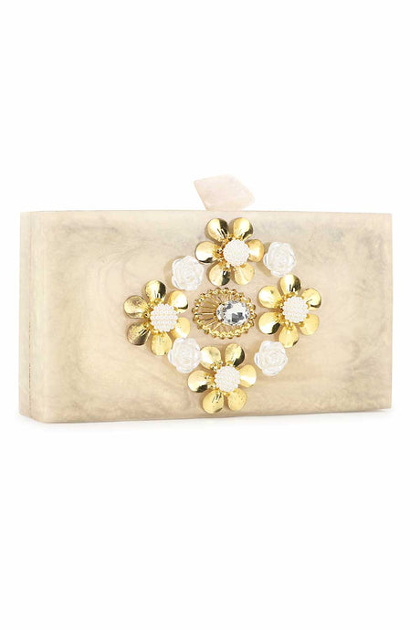 Champagne And Gold Resin Floral Embellished Clutch