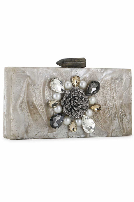 Charcoal And Silver Resin Floral Embellished Clutch