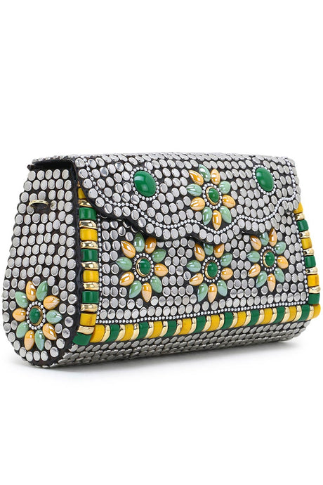 Mosaic Silver & Multi Metal Clutch With Stone Work