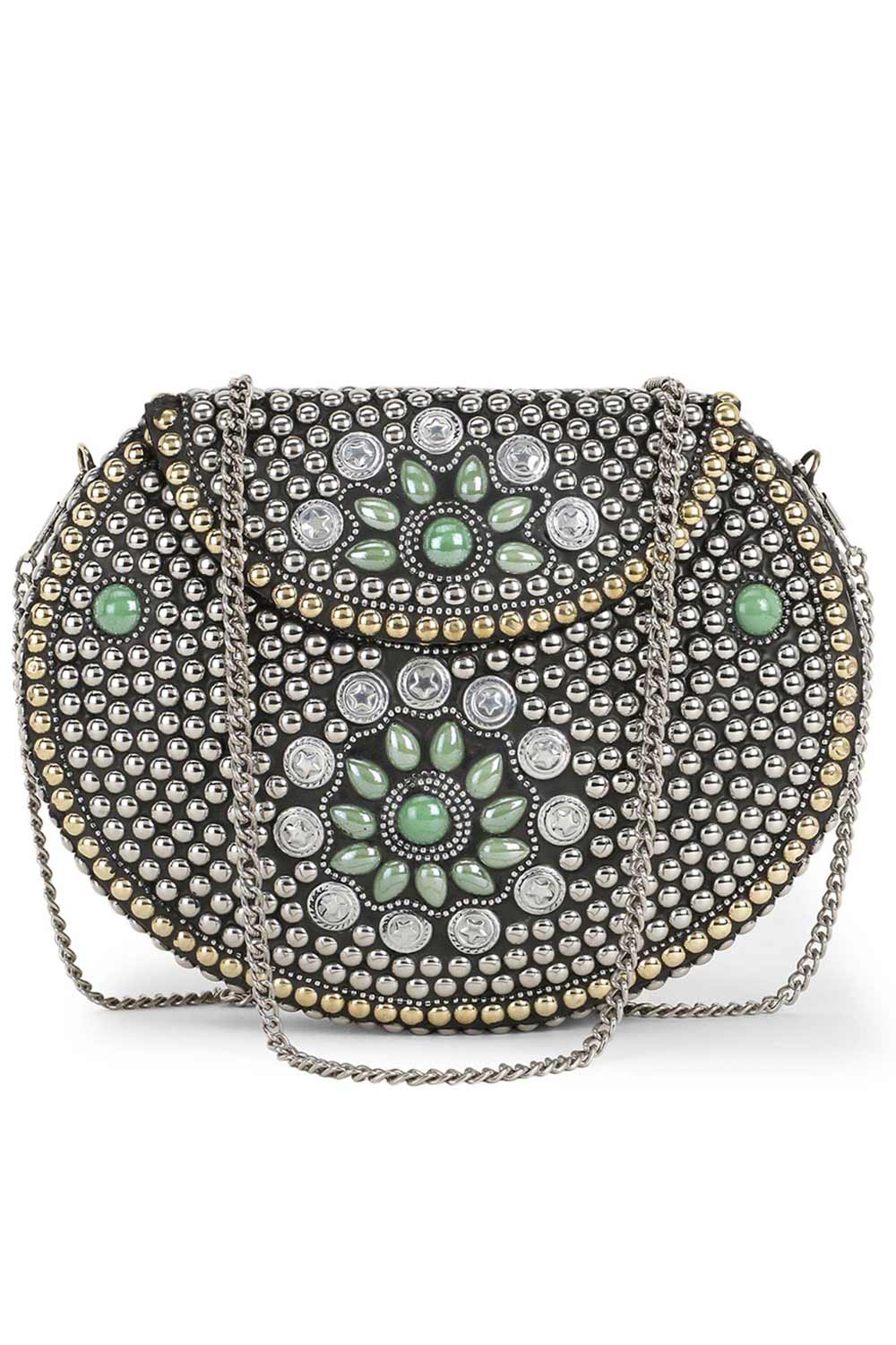 Mosaic Silver & Olive Metal Floral Mosaic Clutch