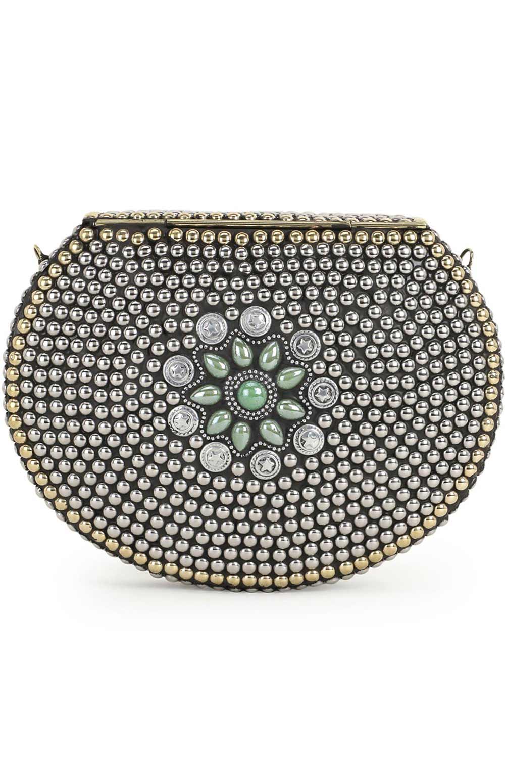 Mosaic Silver & Olive Metal Floral Mosaic Clutch