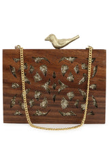 Balk Brown & Gold Wooden Ethnic Motifs Wooden Sequined Clutch