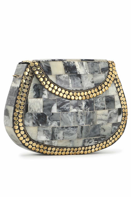 Grey And Gold Resin And Metal Marble Finish Embellished Clutch