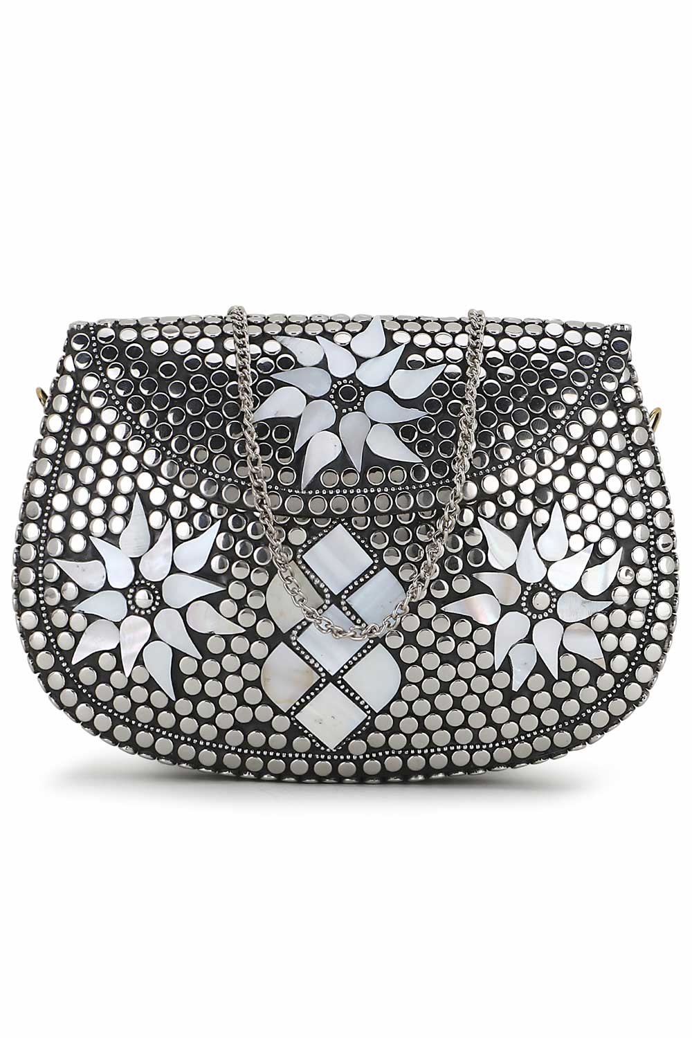 Silver And White Metal Mosaic Embellished Clutch