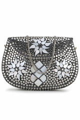 Silver And White Metal Mosaic Embellished Clutch