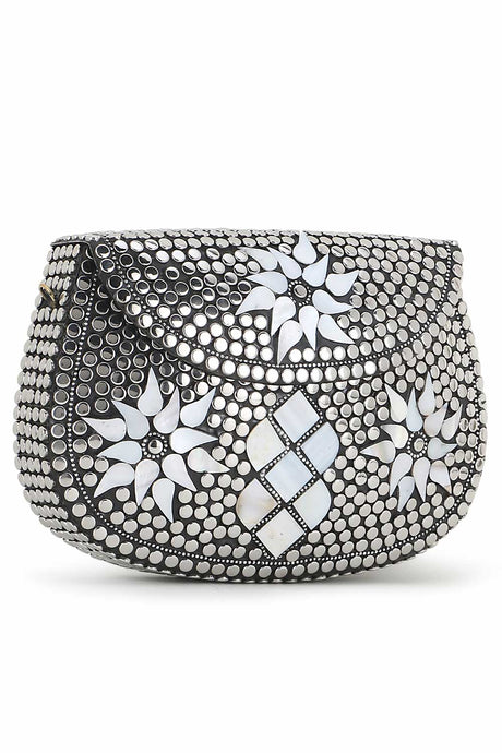 Silver And White Metal Mosaic Embellished Clutch