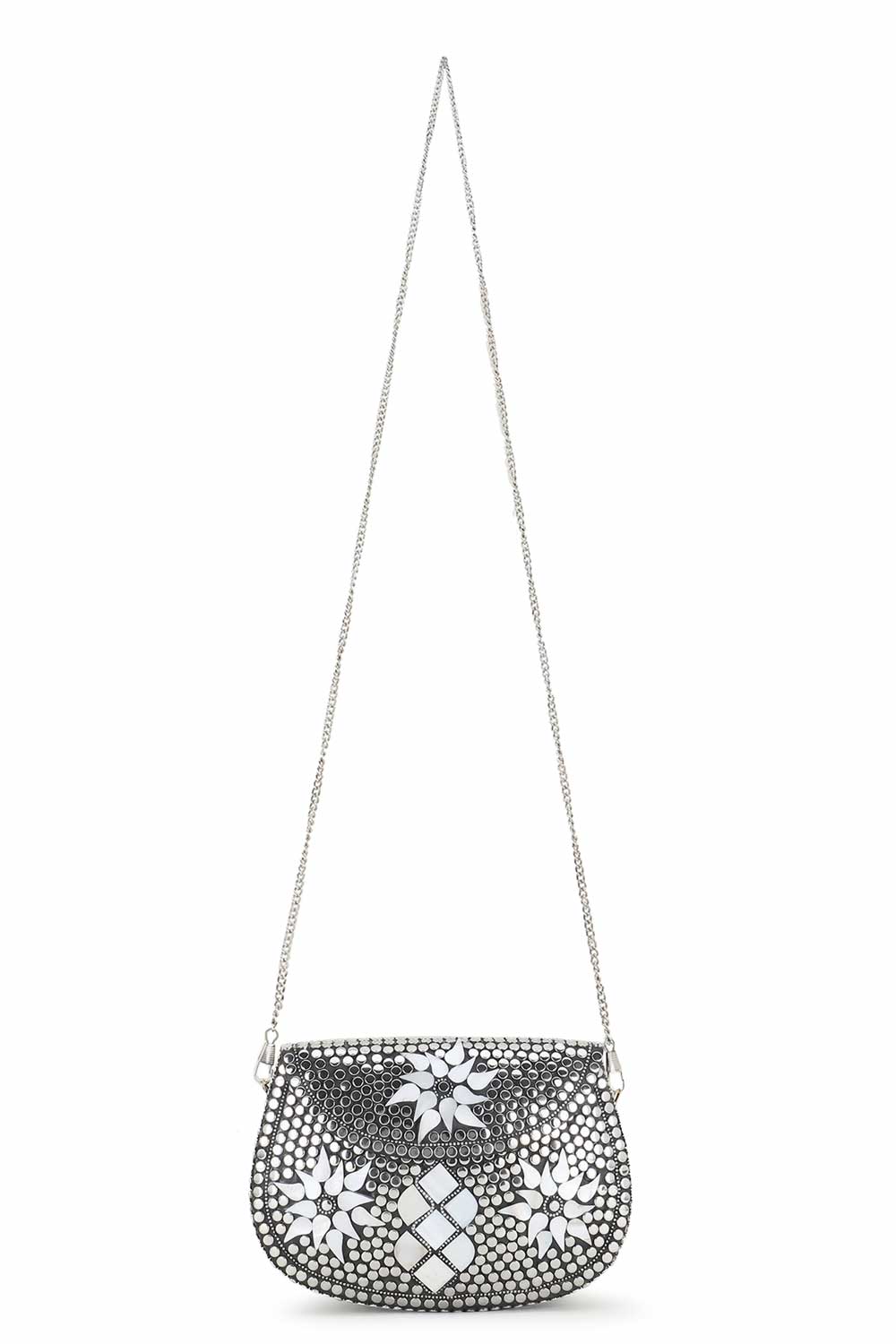 Silver And White Metal Mosaic Embellished Clutch