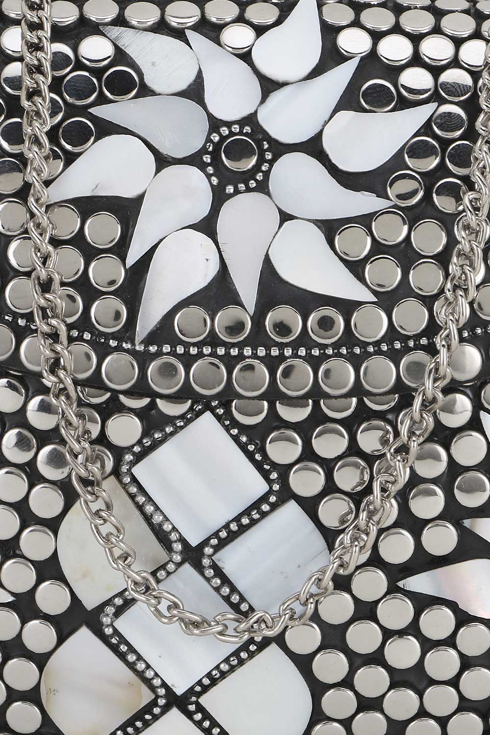 Silver And White Metal Mosaic Embellished Clutch