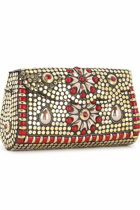 Gold And Red Metal Embellished Clutch