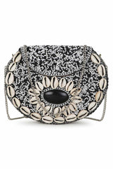 White And Black Metal Shell Embellished Clutch