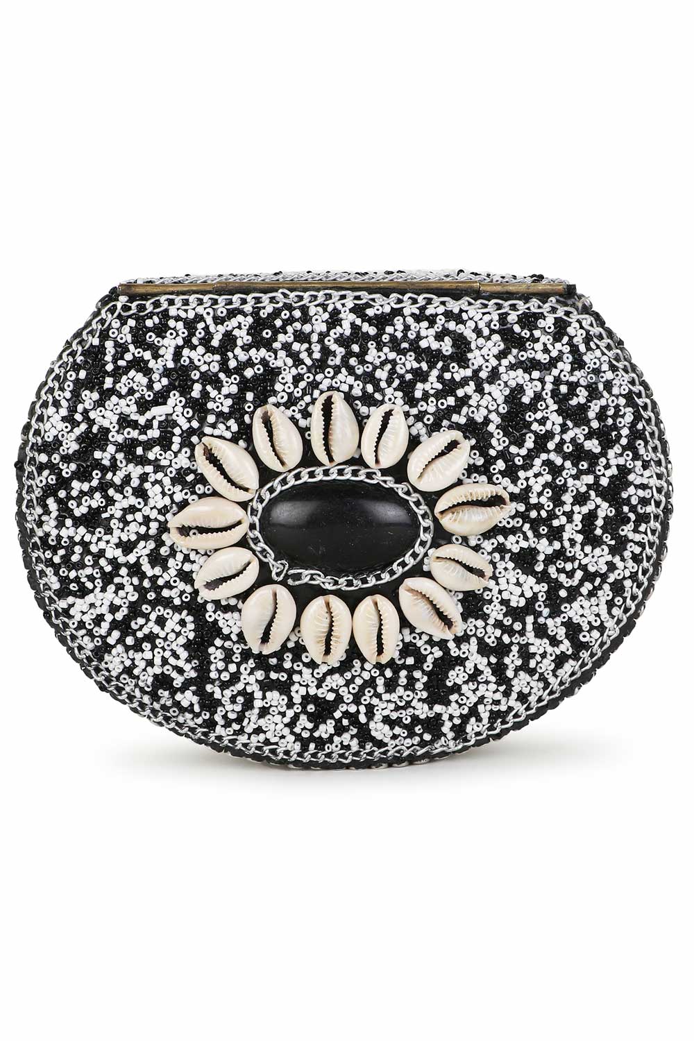 White And Black Metal Shell Embellished Clutch