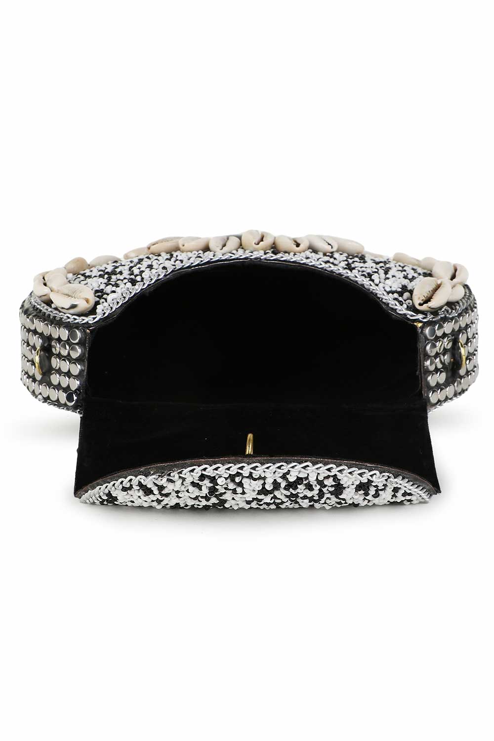 White And Black Metal Shell Embellished Clutch