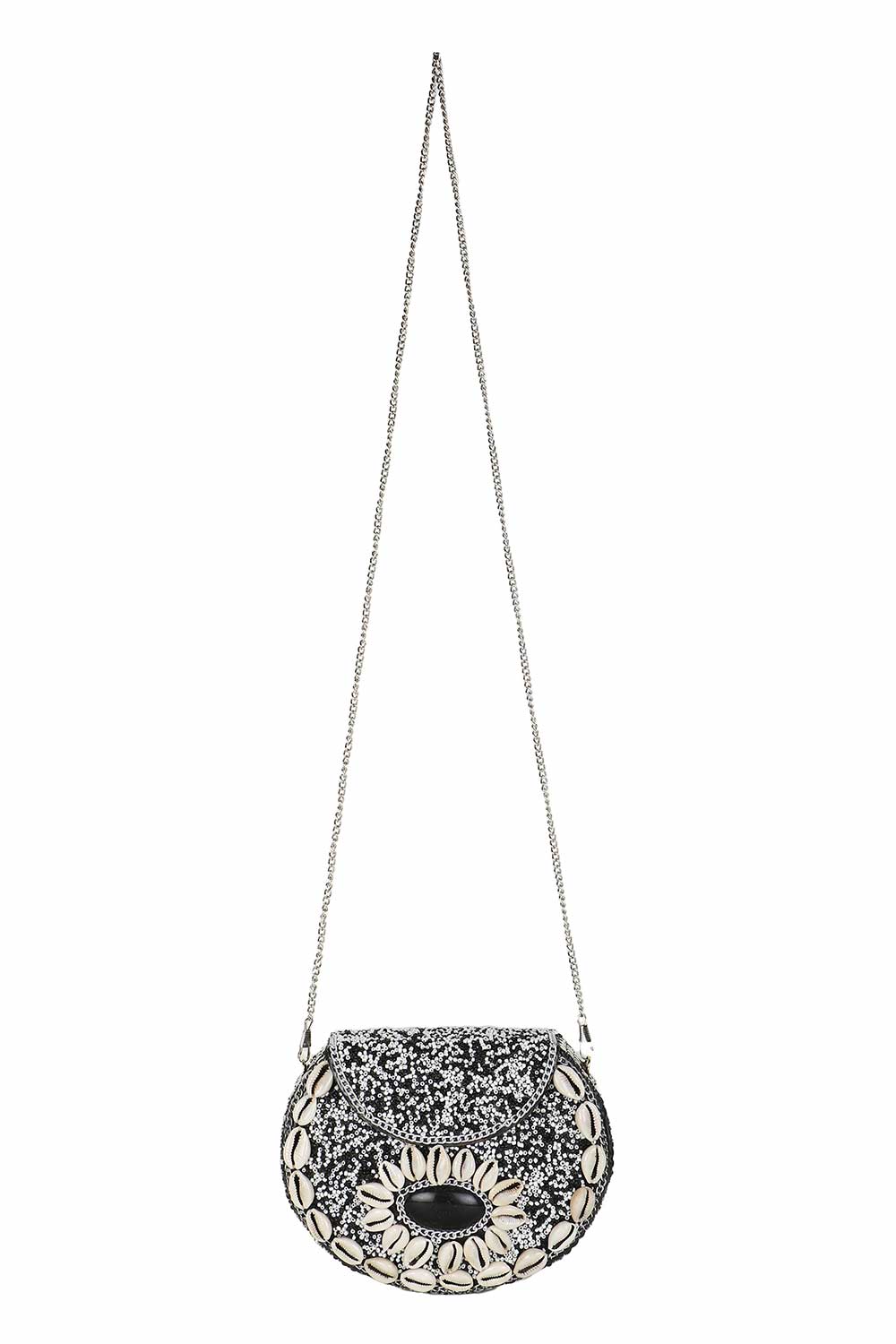 White And Black Metal Shell Embellished Clutch